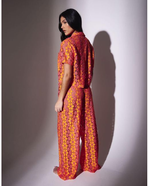 South Beach Red Floral Crochet Short Sleeve Shirt