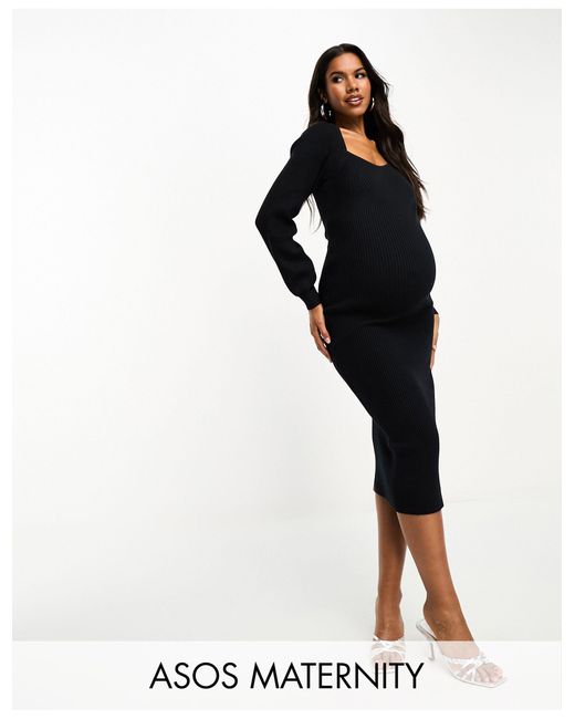 ASOS Black Asos Design Maternity Knit Midi Dress With Sweetheart Neck