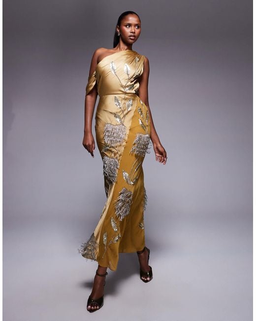 ASOS Yellow Floral Embellished Chiffon Satin Mix Maxi Dress