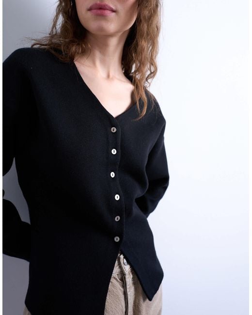TOPSHOP Black Knitted V Neck Longline Compact Fitted Waist Cardigan