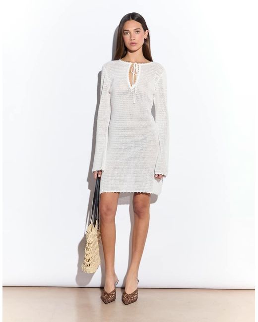 NARRATED Natural Crochet Knit Long Sleeve Mini Dress
