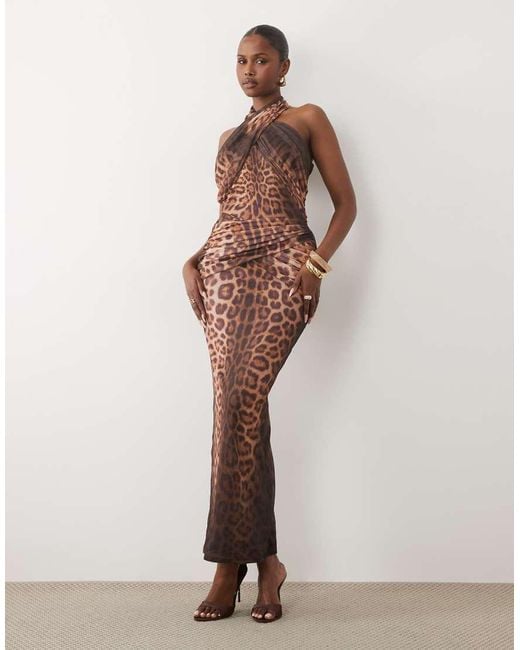 Ruched & Ready Pink Mesh Cross Front Halterneck Drape Waist Detail Maxi Dress
