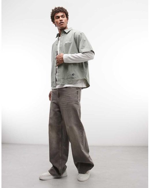Xlarge Gray Check Double Checked Short Sleeve Shirt With Kangaroo Pockets for men
