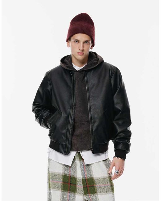 Pull&Bear Black Leather Effect Bomber Jacket for men