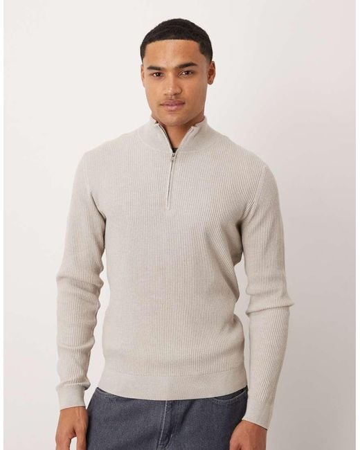 Jersey Con Cremallera Corta De Canalé De Mezcla De Algodón De -Neutro Mango de hombre de color Natural