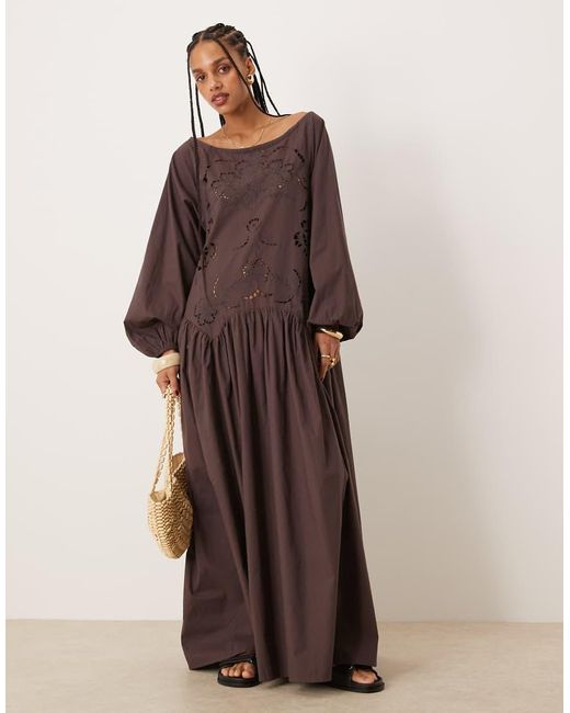 ASOS Ruched Neck Dropped Waist Maxi Dress With Floral Cutwork in Brown ...