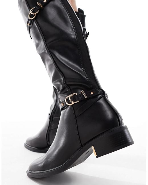 SEQWL Wide Fit Black Latte Buckle Detail Refined Riding Boots