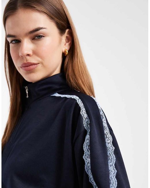 ASOS Blue Lace Trim Detail Funnel Neck Tricot Track Jacket