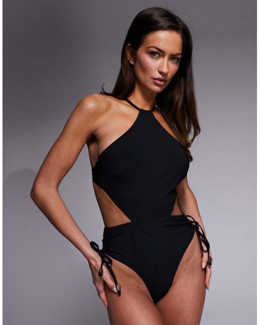 ASOS Black Hema Paper Touch Scarf Halter Neck Swimsuit