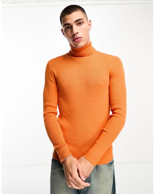 Collusion Orange Knit Turtle Neck Sweater for men