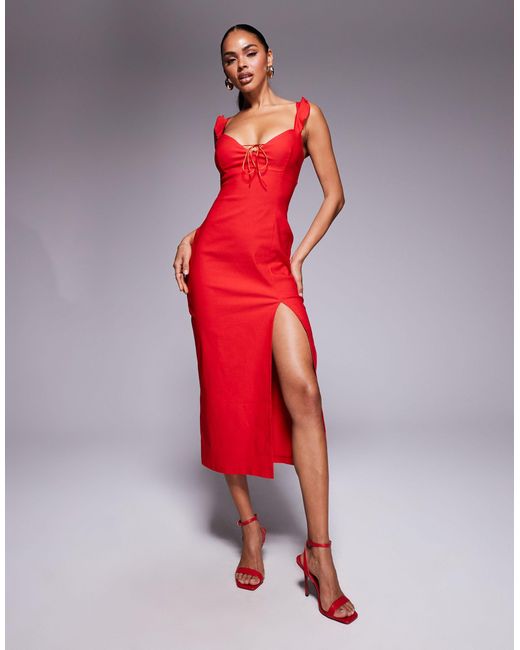 Vesper Red Bengaline Tie Detail Frill Shoulder Thigh Split Midaxi Dress
