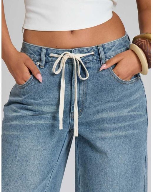 Missy Empire Blue Vintage Wash Denim Drawstring Wide Leg Jean