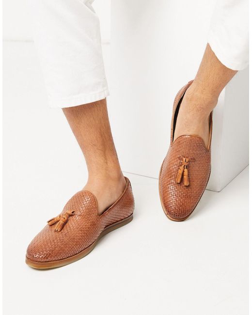 Walk London Brown Chris Woven Tassel Loafers for men