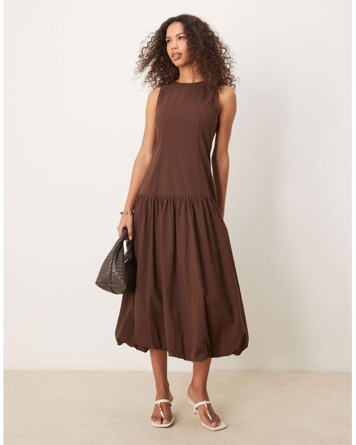 Ghospell Brown Drop Hem Midi Dress