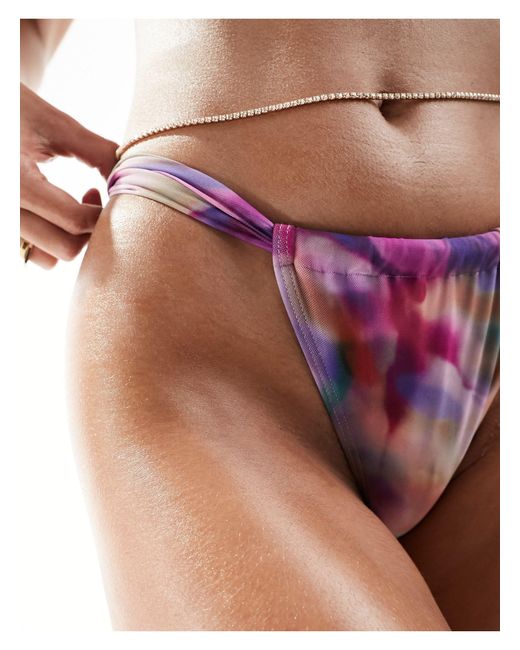 South Beach Pink Marble Print Mesh Ruched Side Bikini Bottom