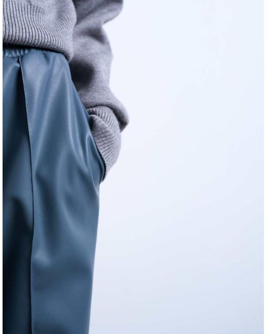 TOPSHOP Blue Faux Leather Wide Leg Sweatpants With Pinseam Detail