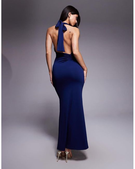Aria Cove Blue Double Layered Slinky Asymmetric Halterneck Low Twist Back Dress Maxi Dress
