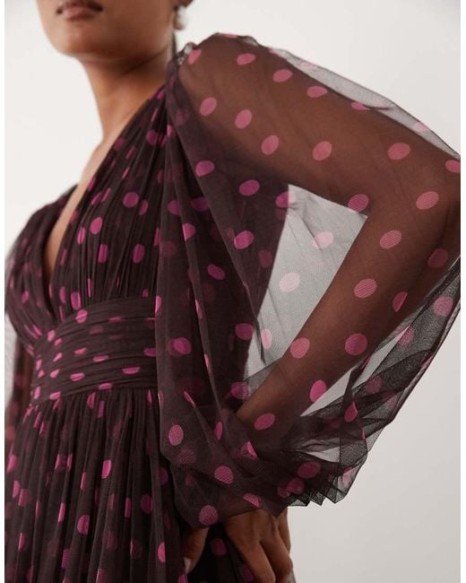 LACE & BEADS Brown Tulle Sheer Balloon Sleeve Plunge Neck Tiered Maxi Dress