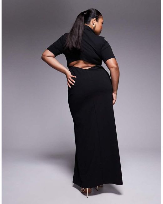 ASOS Blue Asos Design Curve High Neck Maxi Pencil Dress With Short Sleeves And Large Gold Button Detail Split