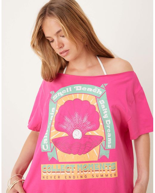 ASOS Pink Oversized Off Shoulder T-shirt With Oyster Shell Graphic
