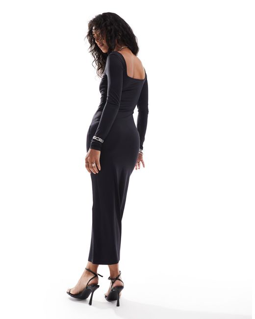 black square neck long sleeve midaxi dress boohoo Women's Square Neck Ruched Mesh Midaxi Dress in Black