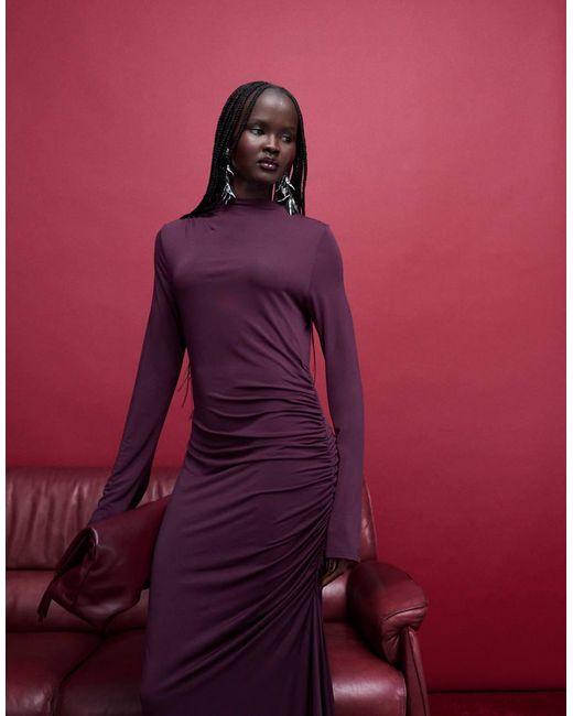 & Other Stories Red High Neck Long Sleeve Soft Twisted Midi Dress