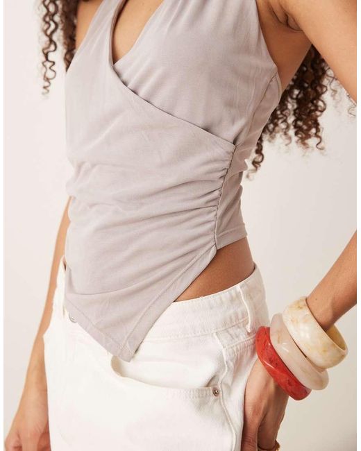 Mango White Asymmetric Halter Neck Top With Ruched Cinch Waist Detail