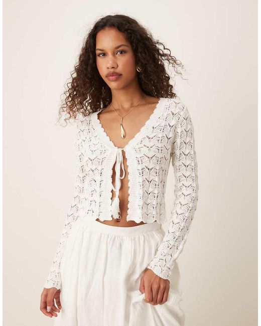 Mango White Crochet Tie Front Cardigan