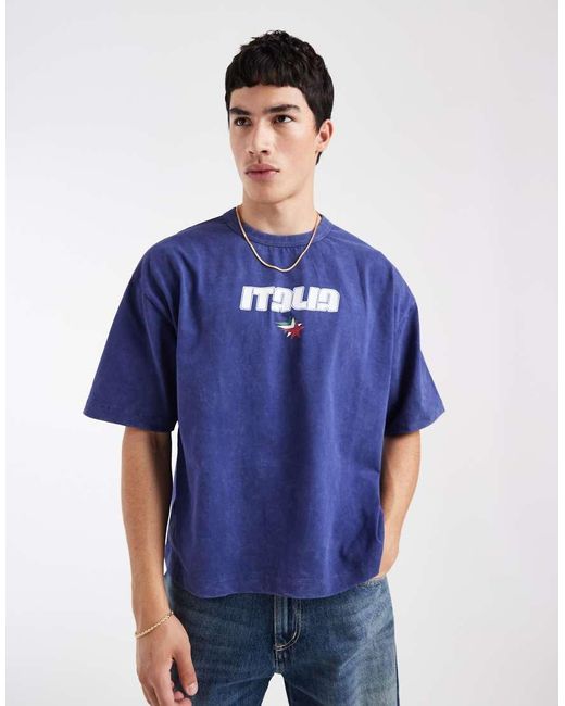 ASOS Blue Heavyweight Boxy Oversized T-Shirt With Italia Graphic for men