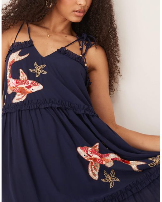 Hope & Ivy Blue Koi Embellished Tiered Midi Dress With Tie Straps