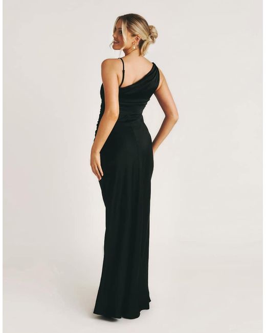 Six Stories Black Bridesmaid Satin Asymmetric Cowl Neck Maxi Dress