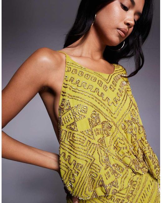ASOS Yellow Asymmetric Cape Detail Allover Embellished Mini Dress