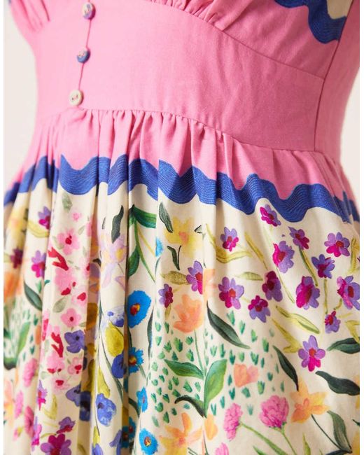 Vestito Grembiule Midi Multicolore Con Scollo A V E Maniche A Sbuffo di Hope & Ivy