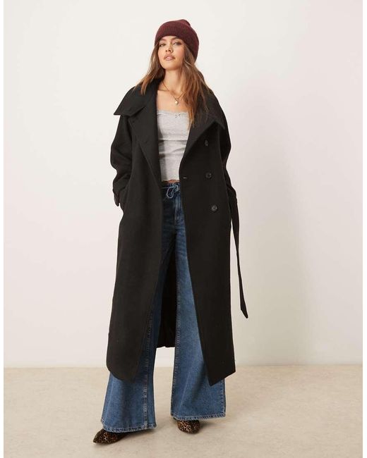 Gina Tricot Black Wool Blend Belted Midaxi Coat With Funnel Neck Detail