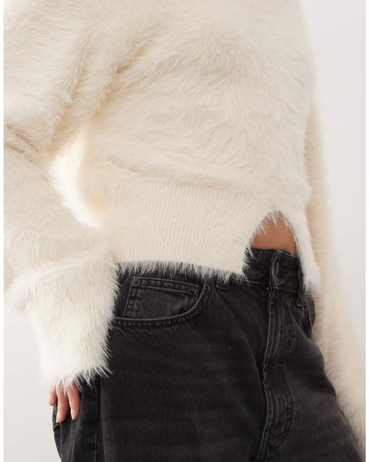 Monki Natural Hairy Knit Sweater With Front Slit Detail