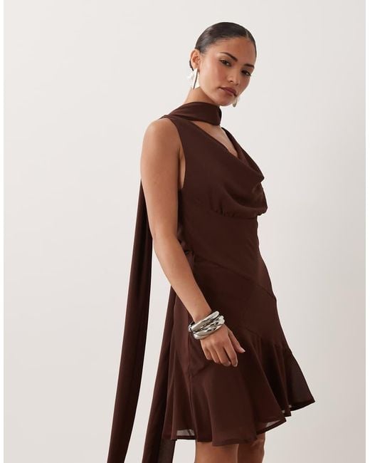 Never Fully Dressed Brown Petite Sophie Chiffon Cowl Neck Scarf Detail Mini Dress