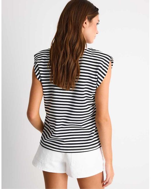 Stradivarius Blue Basic Striped Padded Shoulder T-Shirt