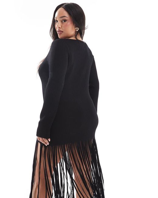 Renee Studio Black Plus X Michelle Nayla Exclusive Ribbed Fringe Tassel Hem Knitted Mini Dress