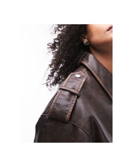 TOPSHOP Brown Faux Leather Grain Bomber Jacket