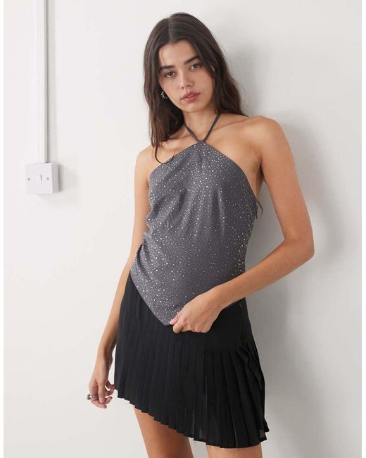 Weekday Gray Halterneck Top With Rhinestones