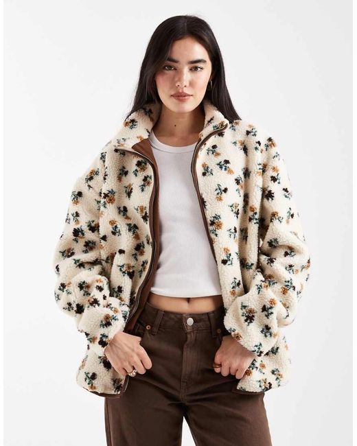 Daisy Street Natural Zip Through Printed Borg Jacket With Contrast Binding