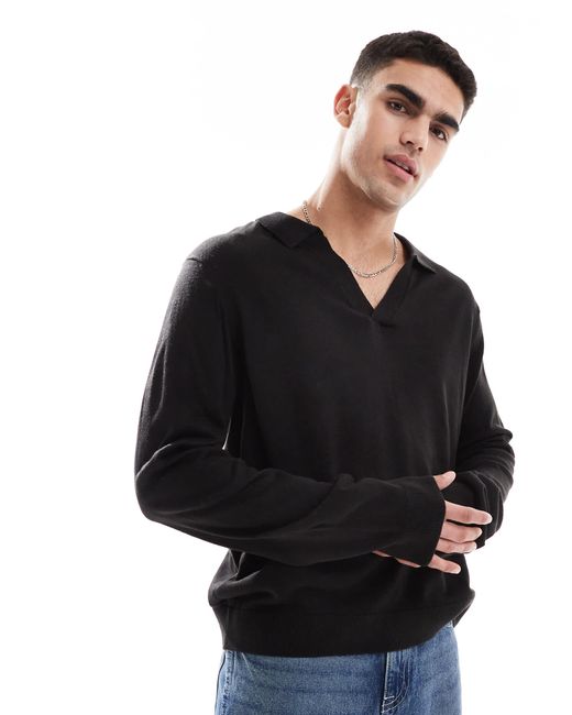 Another Influence – langärmliger polo-pullover in Black für Herren