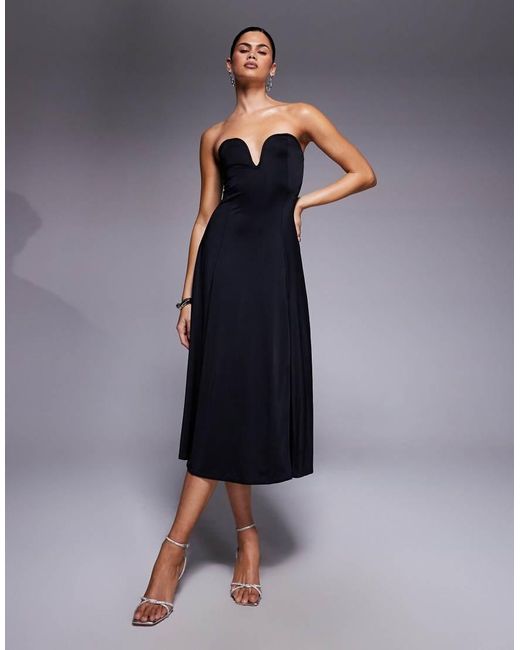Oh Polly Blue Joely Bandeau Plunge Neck Thigh Split Midi Dress