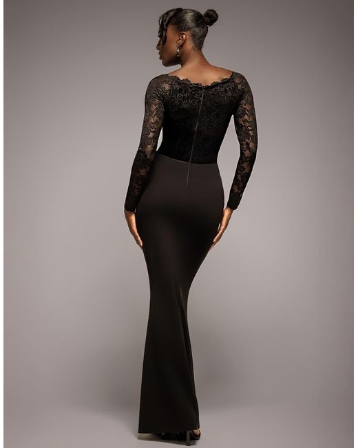 Goddiva Black Scalloped Lace Bodice Long Sleeve Bardot Maxi Dress