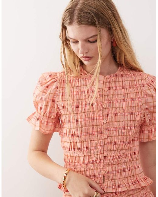 Reclaimed Vintage Pink Western Top With Shirring Detail And Puff Sleeve