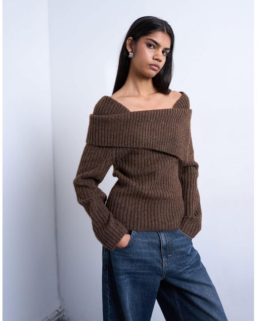 TOPSHOP Blue Knitted Ribbed Bardot