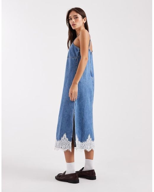 Levi's Blue 90's Denim Midi Slip Dress With Lace Hem