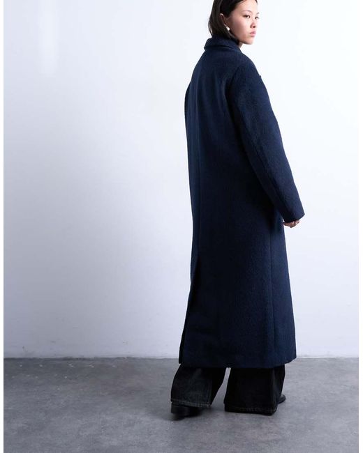 TOPSHOP Blue 3 Button Brushed Coat With Wool