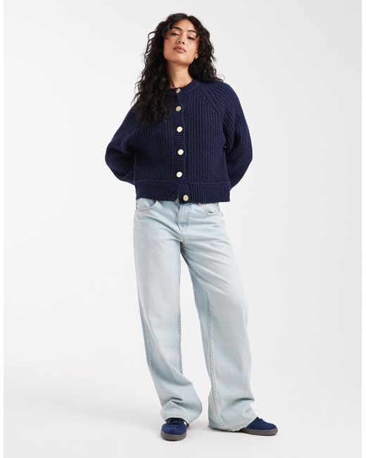 ASOS Blue Knitted Fisherman Rib Cardigan With Raglan Detail