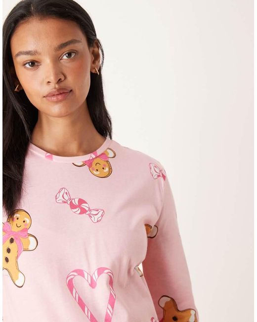 ASOS Pink Asos Design Maternity Gingerbread & Candy Cane Long Sleeve Top & Pants Pajama Set